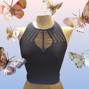 Intimately Free People Black Ribbed Laser Cut Out Crop Top XS S Halter Racerback